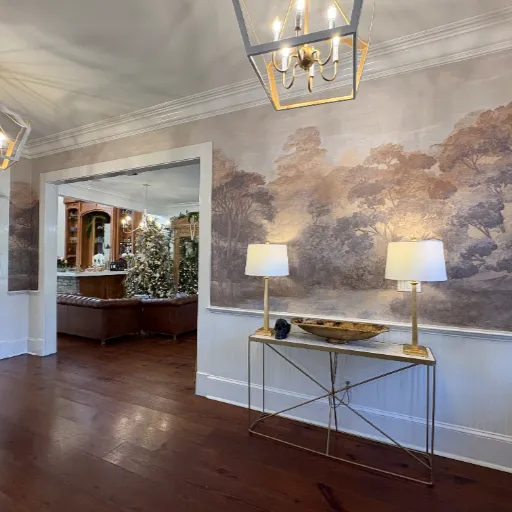 Hardwood flooring in a grand  hallway with mural wall paint